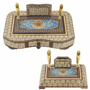 Hand Made Custom Khatam Tazhib Pen Holder with Drawe - hand painted - brand new